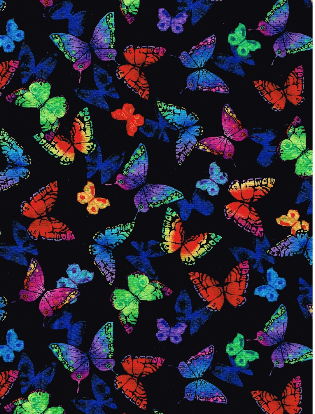 Cotton Fabric Rainbow Butterflies Black Material Print Quilting Sewing