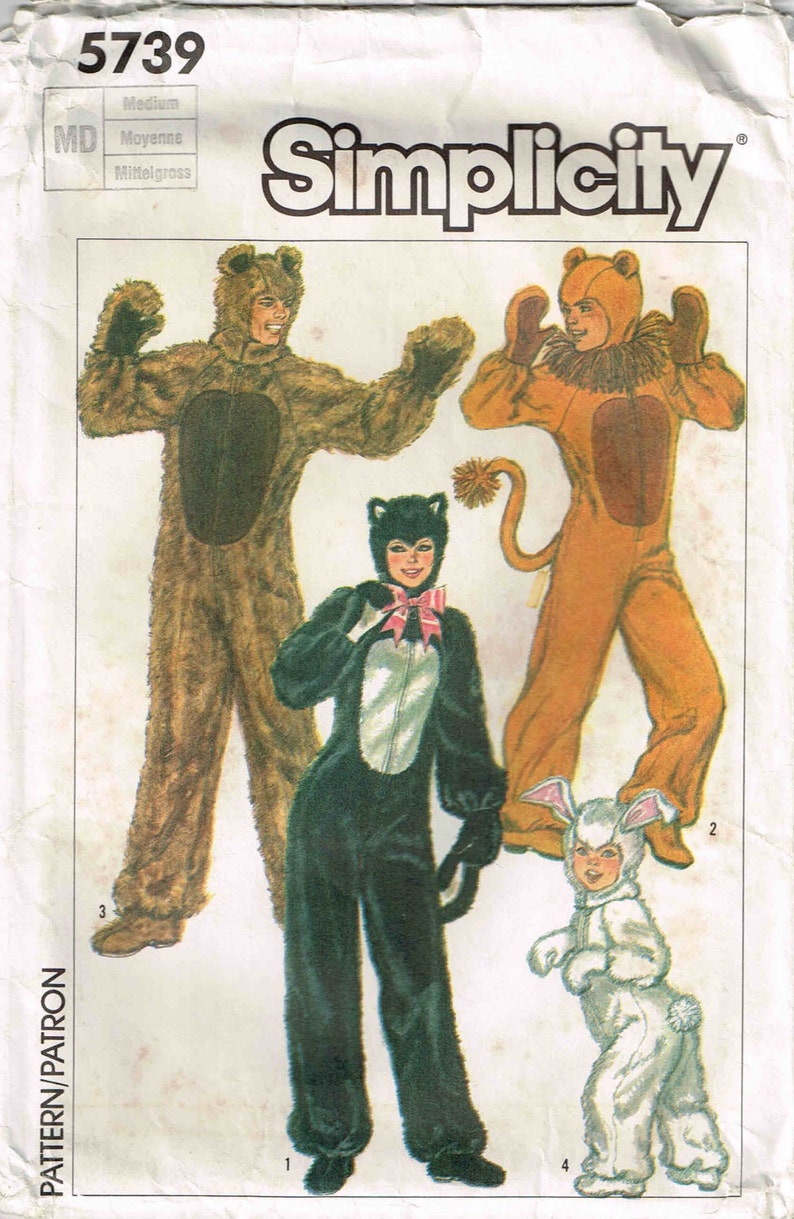 Adult Bear, Lion, Cat, Rabbit Halloween Costume Jumpsuit Sewing Pattern Simplicity 5739 7648 Child Misses Men image 3