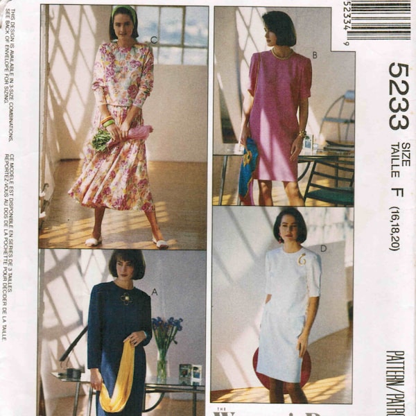 Misses Sewing Pattern Shift Dress, Jewel Neckline, Chemise Top Four Gore Skirt McCalls 5233 Woman Plus Size 16 18 20 Bust 38 40 42