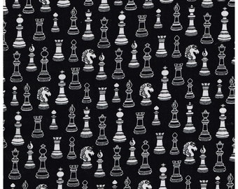 White Chess Pieces on Black Fabric 100% Cotton Material Joann Fabric