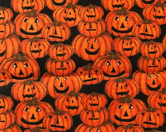 Cotton Fabric Halloween Pumpkins 3 Wishes Material Orange and Black Material by 3 Wishes