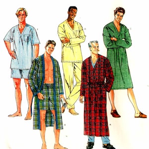 May include: Illustration of five different sleepwear sets. The sets include short-sleeved shirts and shorts, and long robes. The sleepwear is in various colors and patterns, including stripes, plaid, and solid colors. The illustration is a vintage style.