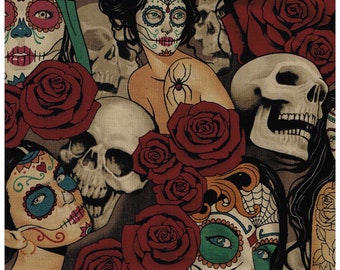 Sugar Skull Tattooed Pinup Girls Nocturna Fabric Alexander Henry Pin up Roses 1/4, 1/2, 1 Yard 100% Cotton License Material