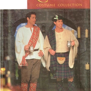May include: Two men wearing Celtic-inspired costumes. One man is wearing a white shirt with a red and black plaid sash, brown pants, and a red and black plaid sash around his legs. The other man is wearing a white shirt, a green and black plaid kilt, a brown belt with a pouch, and black boots with green and black plaid accents. The image includes the text "Simplicity Celtic Costume Collection".