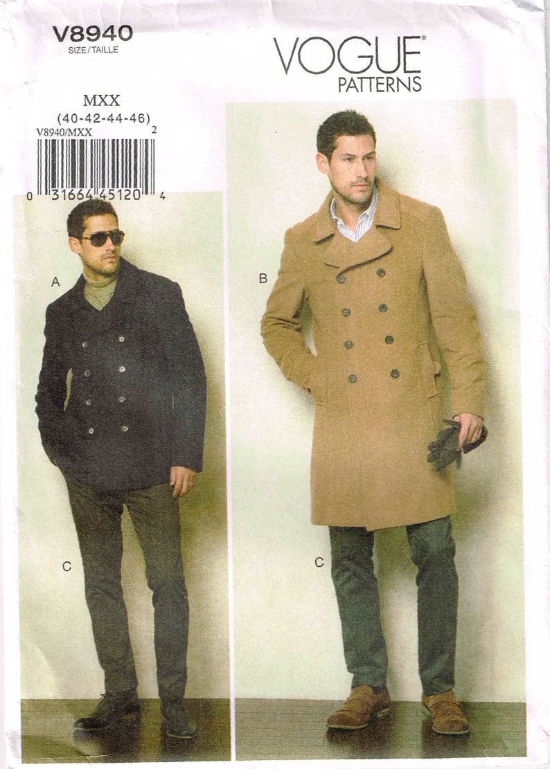 Vogue 8940 Mens Sewing Pattern Double Breasted Pea Coat Jacket - Etsy