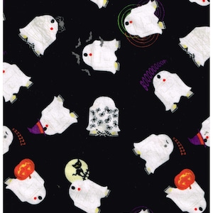 May include: Black fabric with a repeating pattern of white ghosts. The ghosts have red eyes and are in various poses. Some ghosts are holding pumpkins, bats, or spiders.