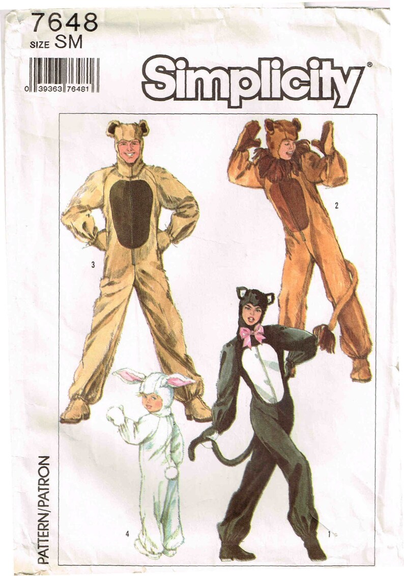 Adult Bear, Lion, Cat, Rabbit Halloween Costume Jumpsuit Sewing Pattern Simplicity 5739 7648 Child Misses Men image 5