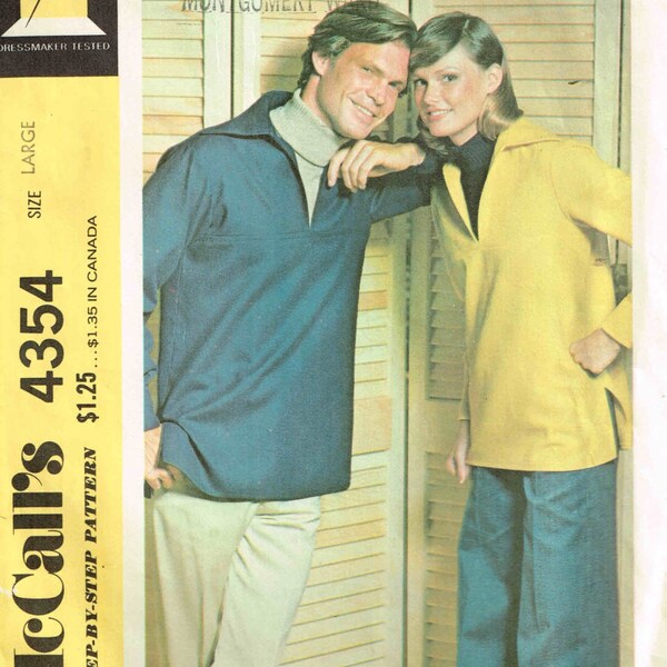 Mens Vintage 1970s Pullover Yoked Shirt Long Sleeve Pointed Collar McCalls 4354 Sewing Pattern Size Large Chest Size 42 44