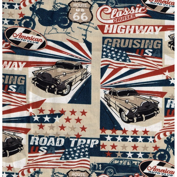 Cotton Fabric Classic Cruiser Fabric Cars Motorcycles Route 66 Blue and Tan 100% Cotton Joanns Sewing Material