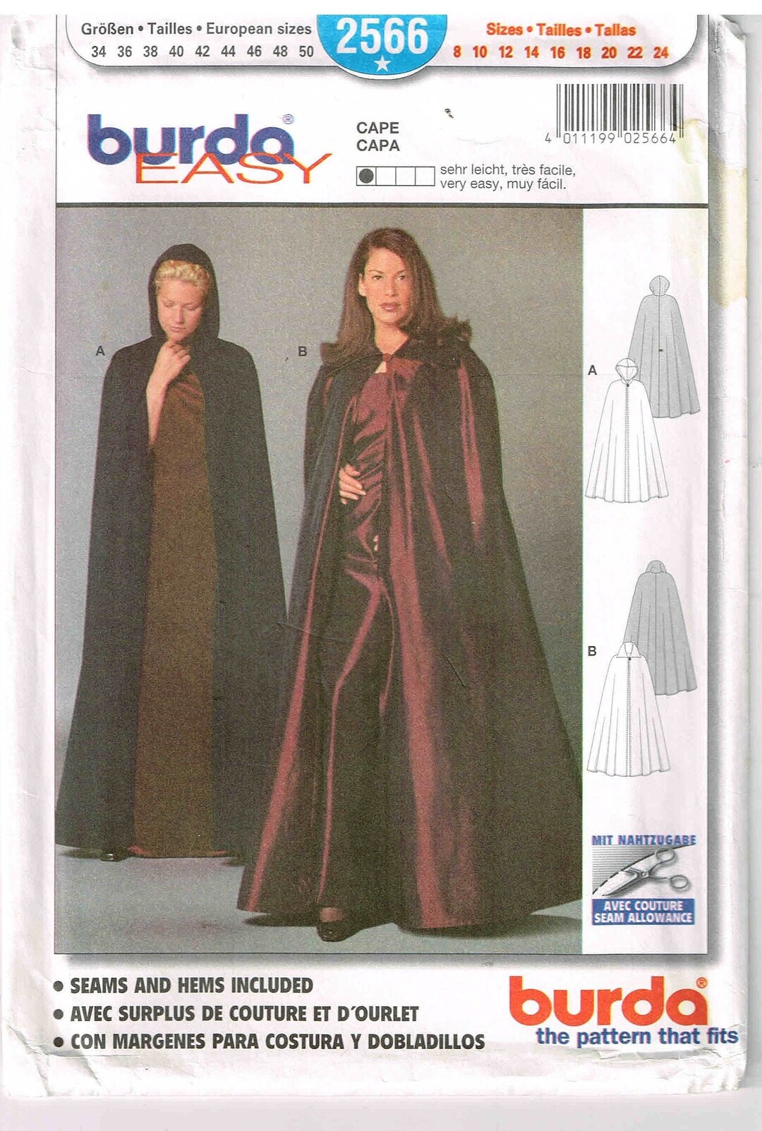 Burda 2566 Long Cloak Sewing Pattern Halloween Costume Cosplay
