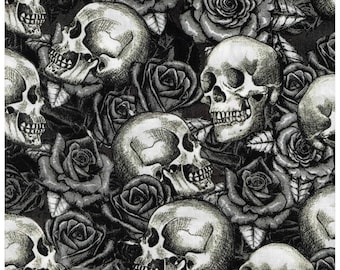 Skull and Roses 100% Cotton Fabric Black and White Skeleton Head Halloween Material