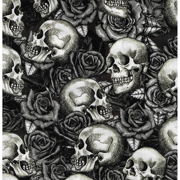 Skull and Roses 100% Cotton Fabric Black and White Skeleton Head Halloween Material