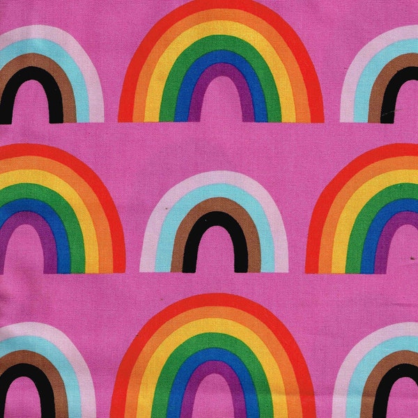 Double Rainbow Pink Fabric Alexander Henry Red, Yellow Blue Orange Colors 100% Cotton Sundrop