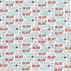 Witte stof boot auto vliegtuig blauw rood grijze woorden 100% katoen naaimateriaal