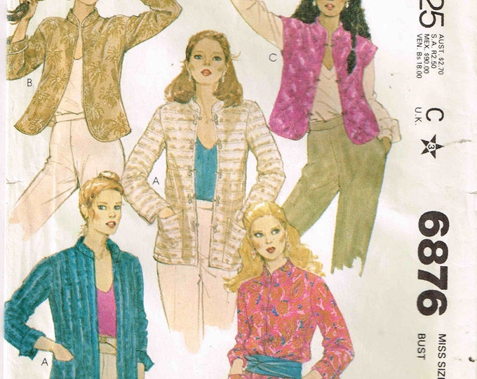 Sewing Pattern Jacket With Mandarin Collar, Mccalls 6876 Misses Size 10
