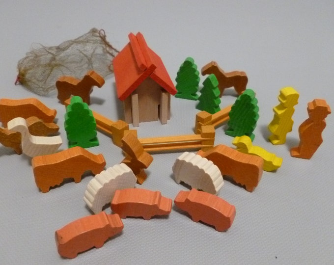 Vintage German Miniature Wooden Toys Village Farm Animals Trees People