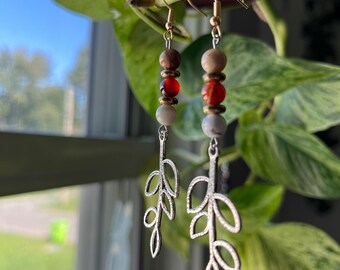 Orange and Silver Bohemian Crystal Beaded Leaf Dangle and Drop Earrings