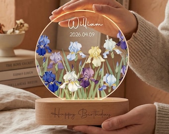 Aangepast dagcadeau, geboortemaand bloemlicht met naam, geboorte, gepersonaliseerde bloementuin nachtlampje, decor meisjeskamer, Moederdagcadeau