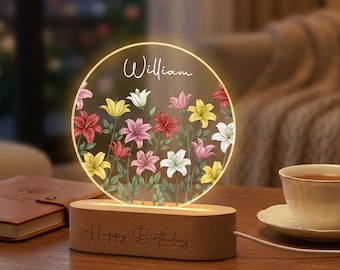 Aangepast dagcadeau, geboortemaand bloemlicht met naam, geboorte, gepersonaliseerde bloementuin nachtlampje, decor meisjeskamer, Moederdagcadeau