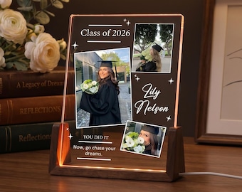 Aangepaste afstudeerfoto naam nachtlampje, gepersonaliseerd klasse van 2026 nachtlampje met foto, afstudeercadeau voor haar, cadeau voor dochter zoon