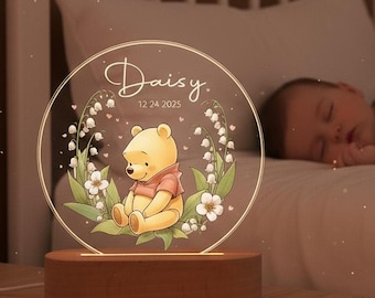 Aangepast Winnie Pooh-nachtlampje met naam, gepersonaliseerde dieren led-nachtlampje, plaquette schattige dieren, verjaardagscadeau voor kinderen, doopcadeaus