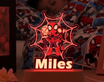 Aangepast Spiderman-nachtlampje met naam, gepersonaliseerde Spidey en zijn geweldige vriend nachtlampje, Spiderman-familielamp, verjaardagscadeau voor kind