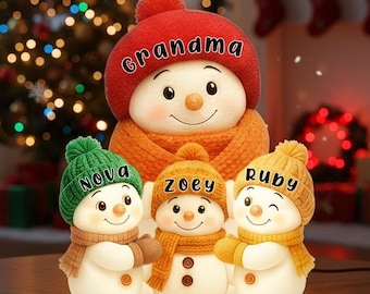 Aangepaste familie sneeuwpop nachtlampje, gepersonaliseerde oma en kleinkinderen sneeuwpop led-lichtbak, 3D-kerstdecor, kerstcadeau voor oma