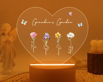Gepersonaliseerd oma's Graden-nachtlampje, aangepaste moedertuin acryl hartlamp, geboortemaand bloem met namen kinderen cadeau, Moederdagcadeau