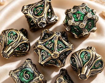 Solid Metal Tree Root Dice Set, Green metallic DND polyhedral dice , perfect for tabletop role-playing games and as a gift.