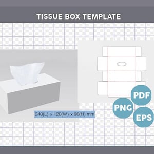 Puede incluir: Una caja de pañuelos blanca con pañuelos que sobresalen de la parte superior, junto a un diagrama de una plantilla de caja de pañuelos. Las dimensiones son 24 cm (L) x 12 cm (A) x 9 cm (H). Incluye el texto "TISSUE BOX TEMPLATE" y los tipos de archivo PDF, PNG y EPS.