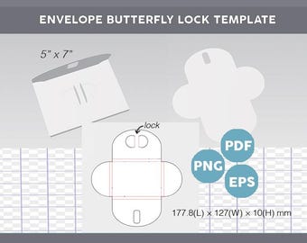 May include: A white envelope butterfly lock template with the text "ENVELOPE BUTTERFLY LOCK TEMPLATE". The template includes a 5" x 7" envelope, a butterfly lock design, and file type icons for PDF, PNG, and EPS.