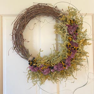 Couronne de prairie éternelle | Décoration de porte fleurs séchées | Art floral naturel rustique