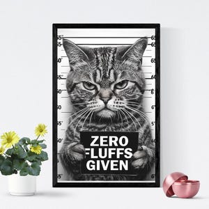 May include: Black and white framed print featuring a tabby cat in a mugshot pose. The cat holds a sign that reads "ZERO FLUFFS GIVEN." The background includes height markers in inches.