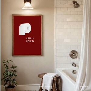 Modern Bathroom Wall Art – Keep It Rolling – Funny Quote Print – Maroon Minimalist Wall  Decor