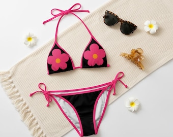Pink Flower Bikini Swimsuit | Floral Triangle Top and Tie-Side Bottoms