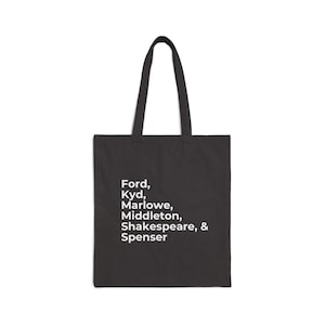 Può includere: Borsa tote nera con testo bianco: Ford, Kyd, Marlowe, Middleton, Shakespeare, & Spenser. La borsa ha due manici ed è realizzata in tessuto resistente, adatta per trasportare libri o acquisti.