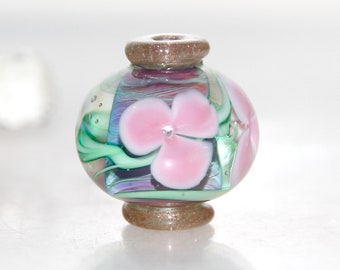Goldstone Capped Pink Floral Lampwork Glass Bead