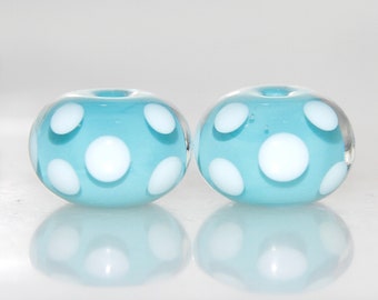 Pastel Sky Blue and White Polkadot Lampwork Glass Bead Pair