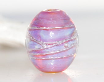 Glowy Pink Lustre Silver Wire Lampwork Glass Oval Bead