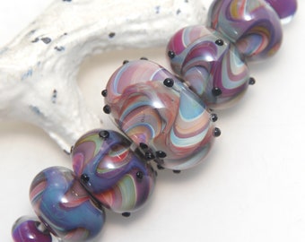 Crazy Colourful WigWag Striped Lampwork Glass Bead Set