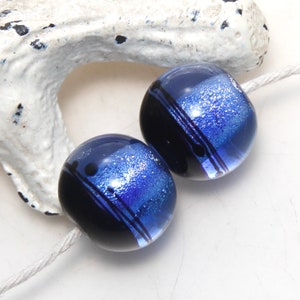 Cobalt Blue Dichroic Black Splash Lampwork Glass Bead Pair