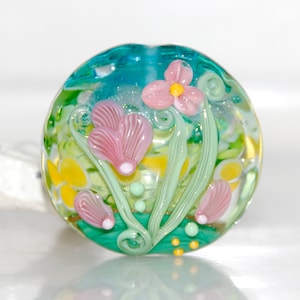 Sunshine and Pink Floral Garden Handmade Lampwork Glass Lentil Bead
