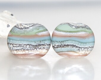 Tan Duck Egg Blue Sage and Ivory Webbed Striped Handmade Glass Bead Pair