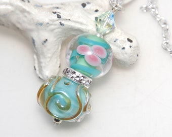 Artisan Lampwork Glass Long Drop Necklace with Swarovski and Plated Silver Chain Gifts for Her