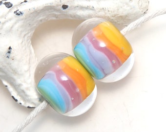 Pastel Rainbow Striped Lampwork Glass Bead Pair