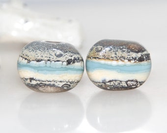 Earthy Ivory Blue and Brown Organic Lampwork Glass Bead Pair