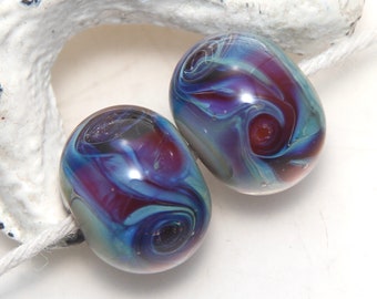 Crimson Lustre Swirl Handmade Lampwork Glass Bead Pair