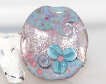 Dusty Blue and Pink Speckled Dichroic and Swirly Lampwork Glass Focal Bead