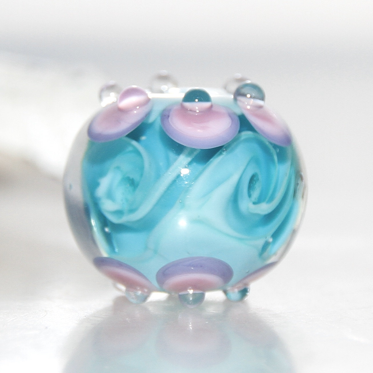 Swirly Aqua and Pink Carousel Topped Lampwork Glass Bead