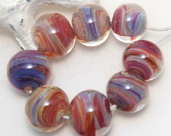Arizona Dusk Swirls Lampwork Glass Bead Set of Rounds x 8